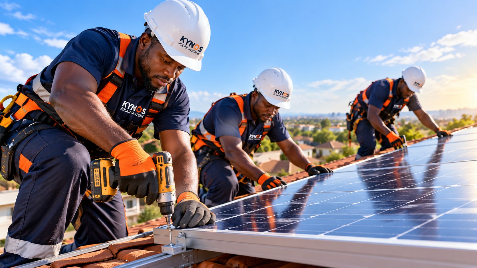 Technicians fitting panels on a commercial roof